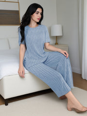 Women's Solid Ribbed Lounge Set with Short Sleeve Top and Pants Comfortable Loose Fit Fall Winter