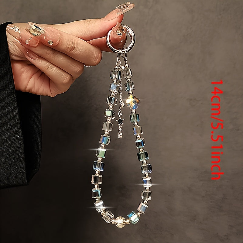 Cadena de mano con cuentas de cristal y llavero con clip para funda de teléfono