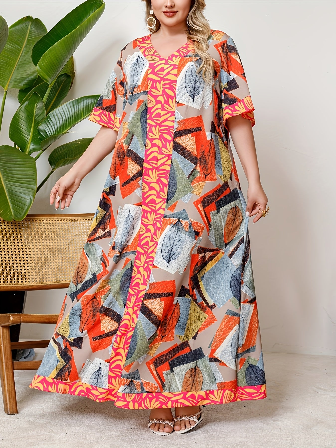 Plus Size Women's V-Neck Dress with Contrast Stitching and Middle East Style