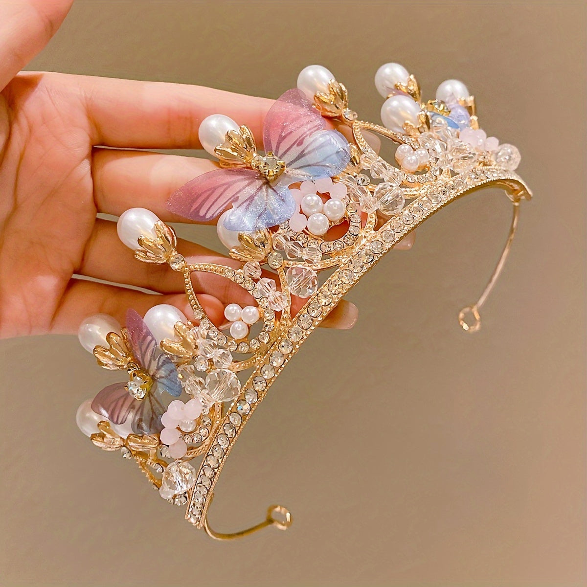 Rhinestone Princess Tiara with Faux Pearls for Weddings and Parties