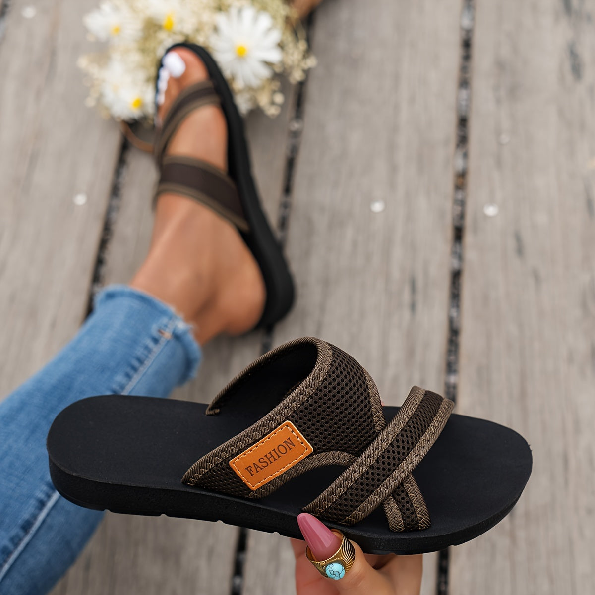 Women's Mesh Slide Sandals with Crisscross Straps Lightweight Casual Open Toe Black Brown Red Black
