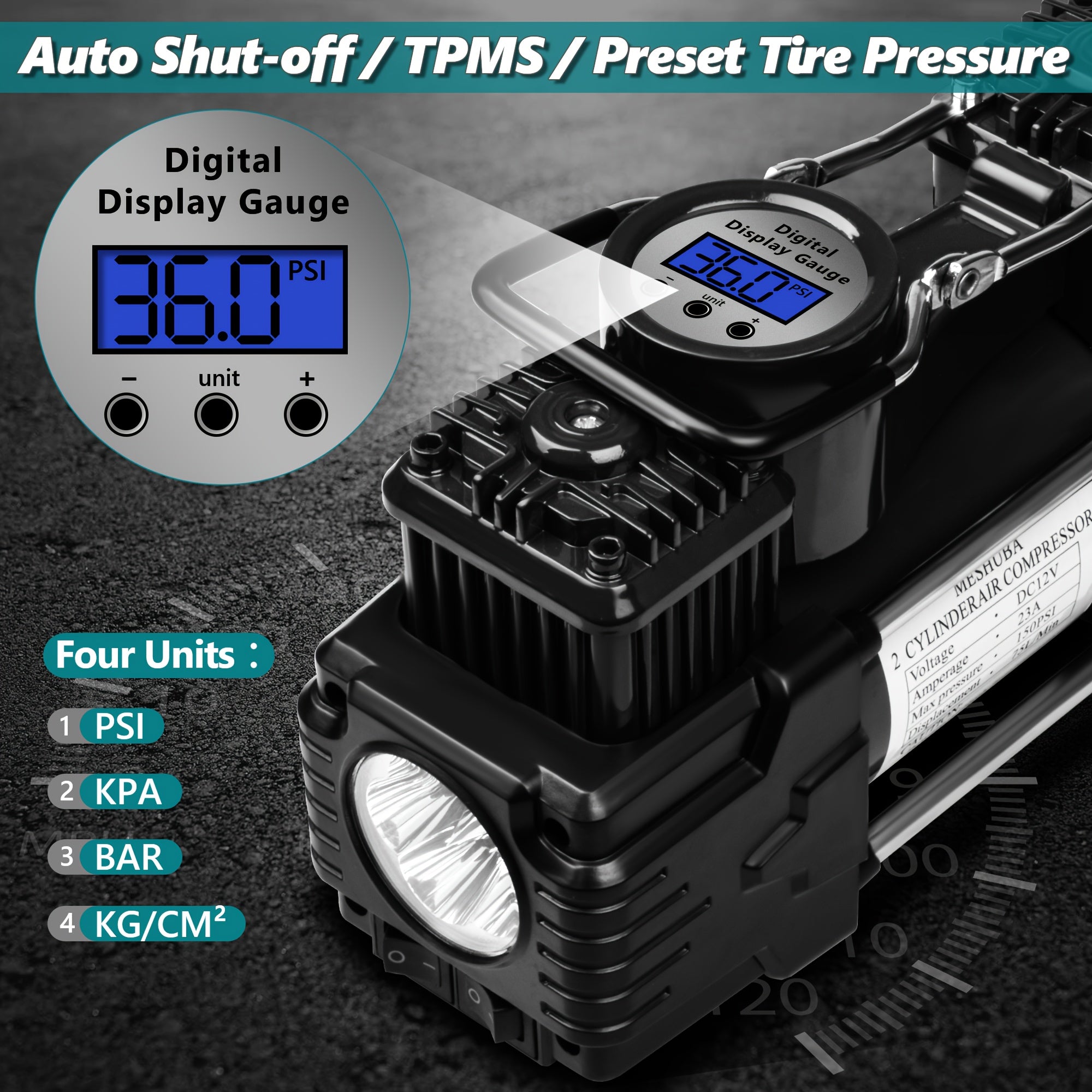 Twin Cylinder Portable Air Compressor with Digital Gauge and LED Light 12V 150 PSI