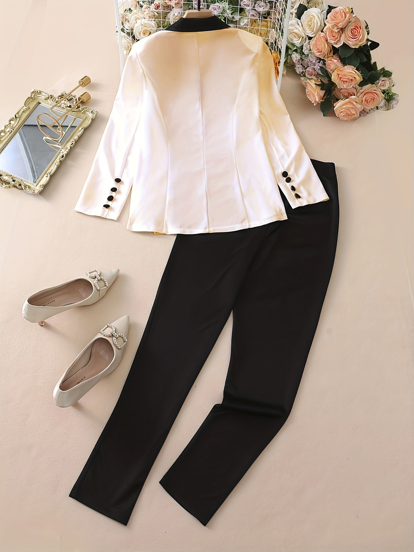 Women's Color Block Blazer and Pants Set Casual Spring Fall Polyester Knit