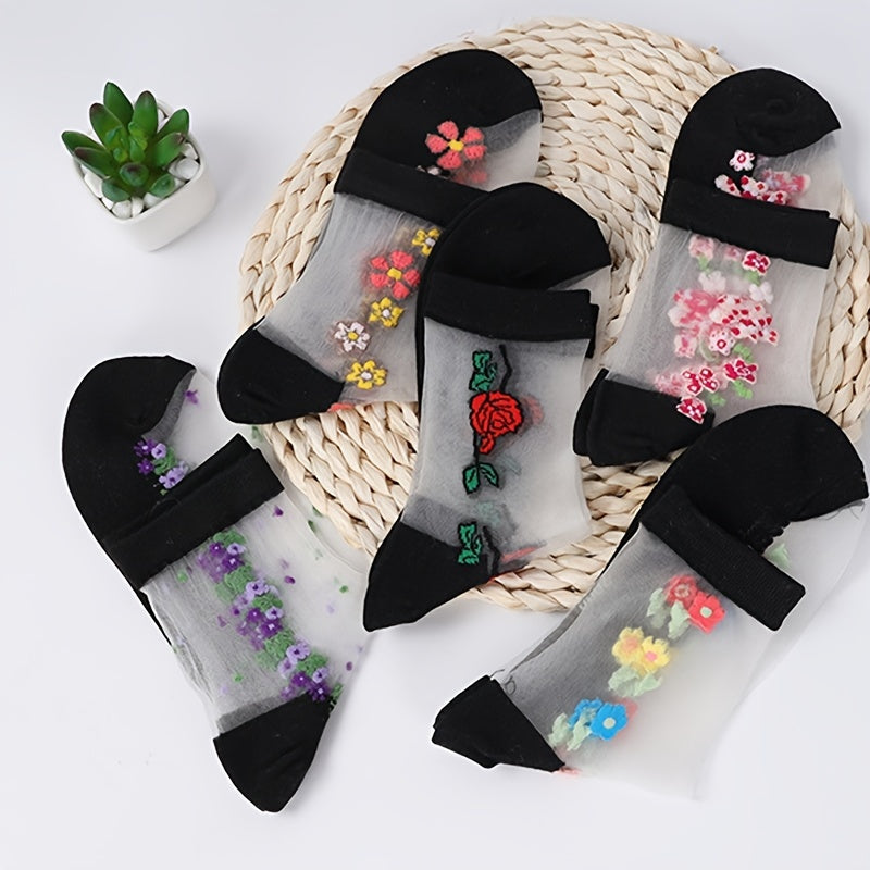 Women's Mesh Short Socks 5 Pairs Floral Pattern Breathable Lightweight Black Multicolor