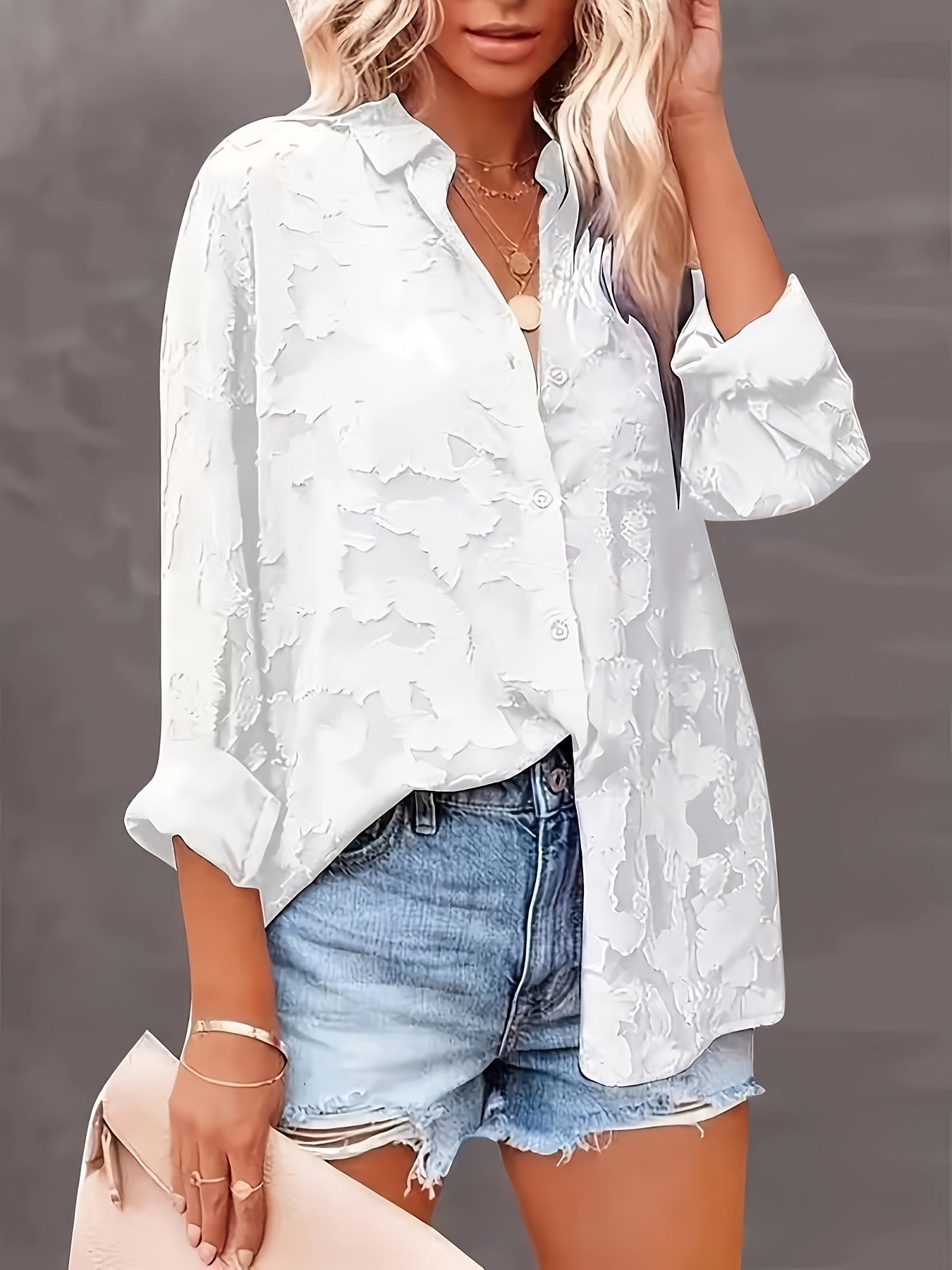 Women's Semi-Sheer White Long Sleeve Blouse Plus Size Casual Formal