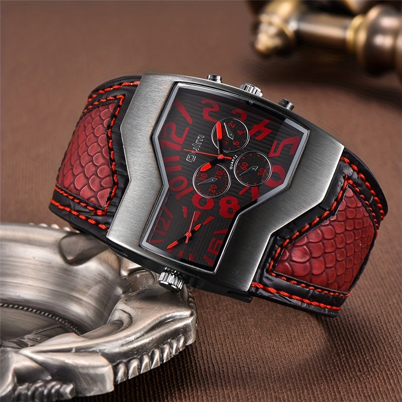 Men's Watch Dual Time Zones Leather Strap Classic Style Gift