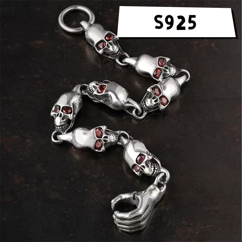 Sterling Silver Gothic Skull Bracelet with Red Eye Charm for Men and Women