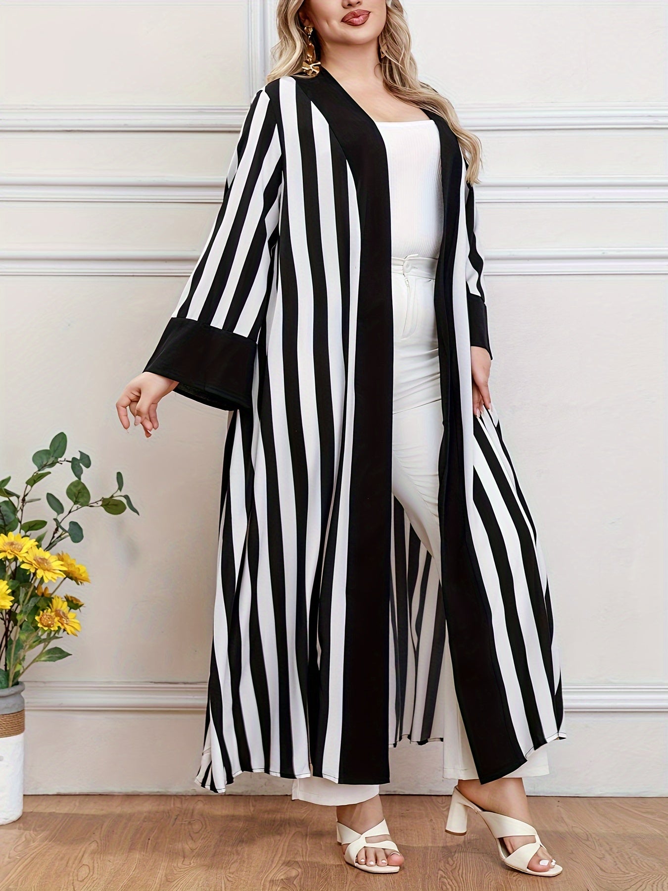 Plus Size Stripe Pattern Kaftan Coverup Long Sleeve Open Front Womens Clothing