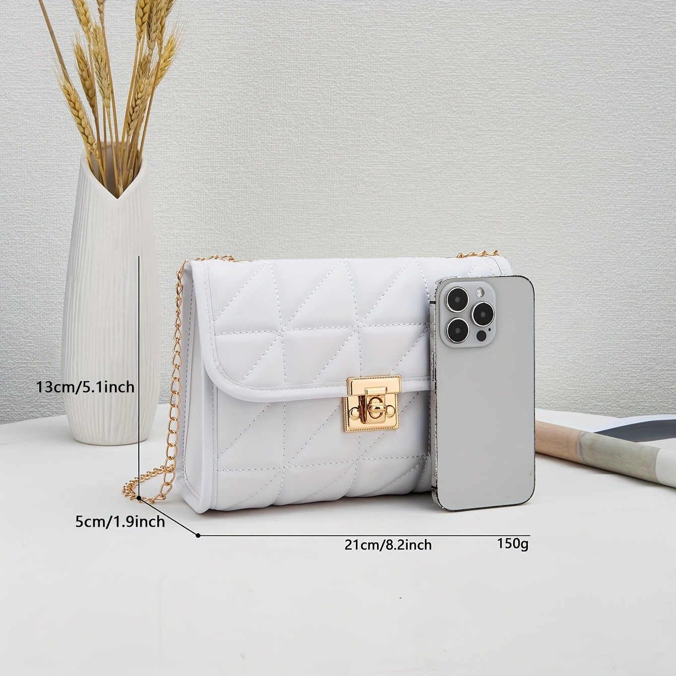 Quilted Crossbody Bag with Chain Strap Lock Closure Faux Leather Solid Color for Women