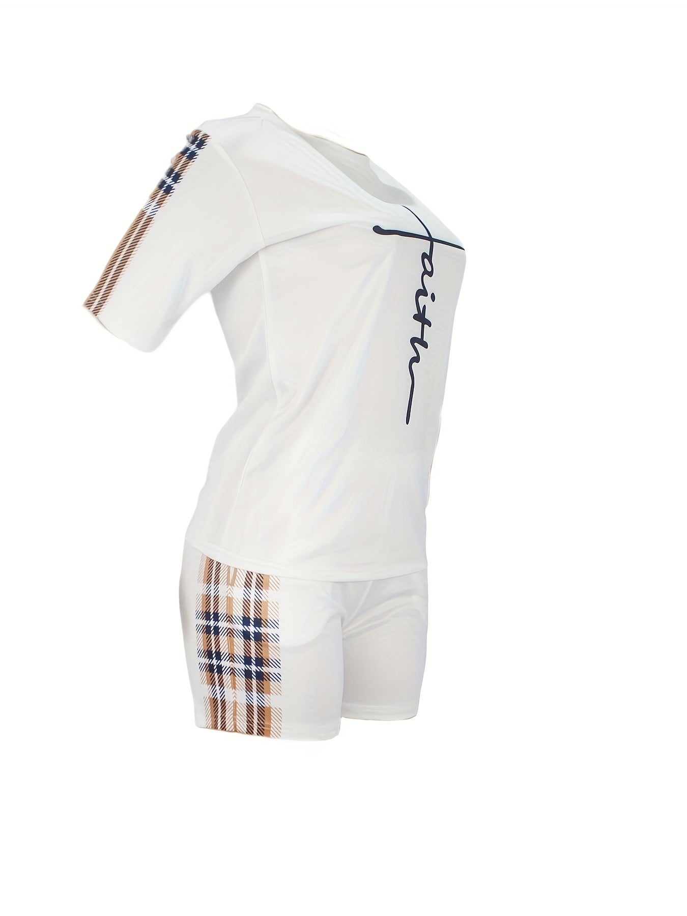 Conjunto de ropa deportiva de estampado de cuadros para mujer con camiseta de manga corta con estampado de fe y pantalones cortos de entrenamiento