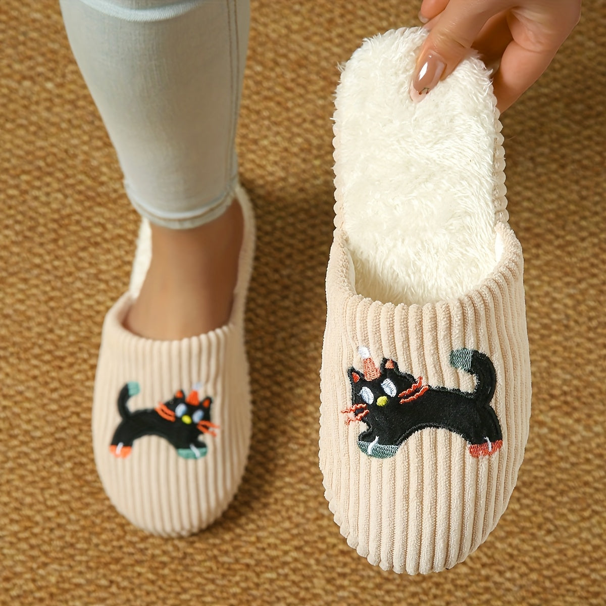 Women's Plush Cat Hat Slippers Soft Fabric Non-Slip Indoor House Shoes