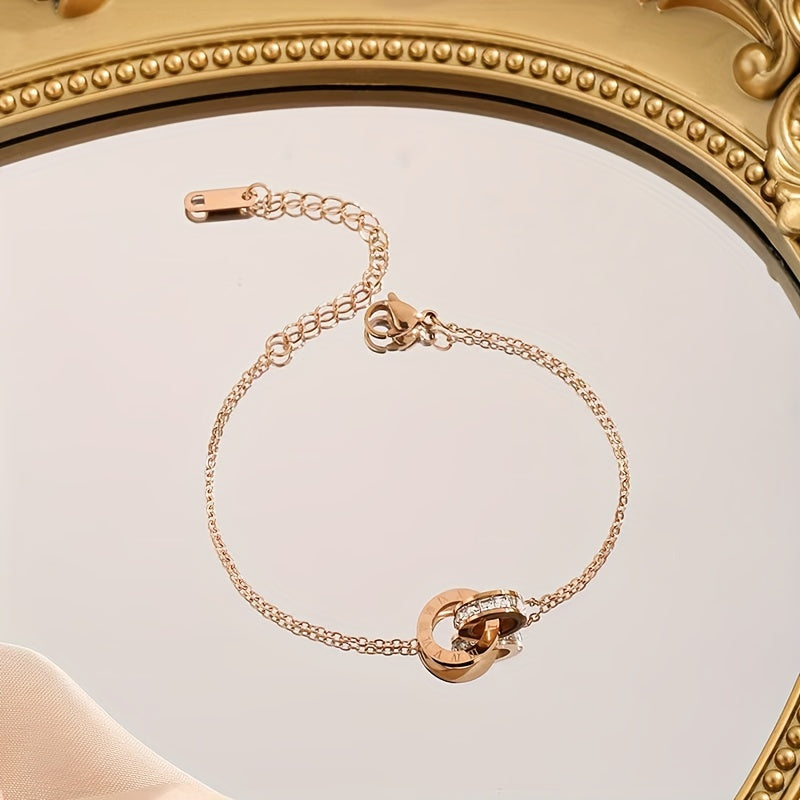 Women's Stainless Steel Bracelet with Double-Loop Roman Numerals and Zirconia