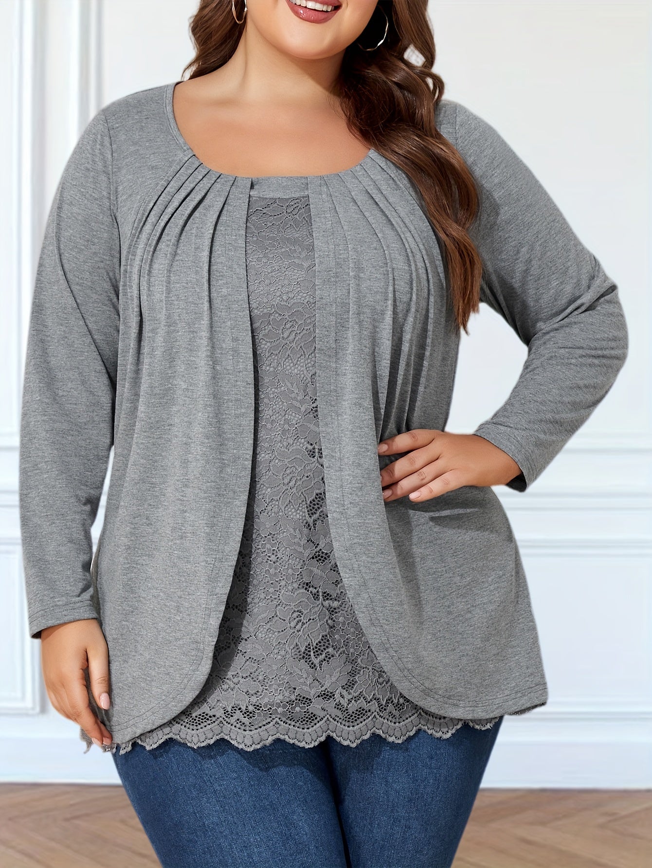 Plus Size Women's Lace Trim Pleated Long Sleeve T-Shirt Casual Summer Opaque