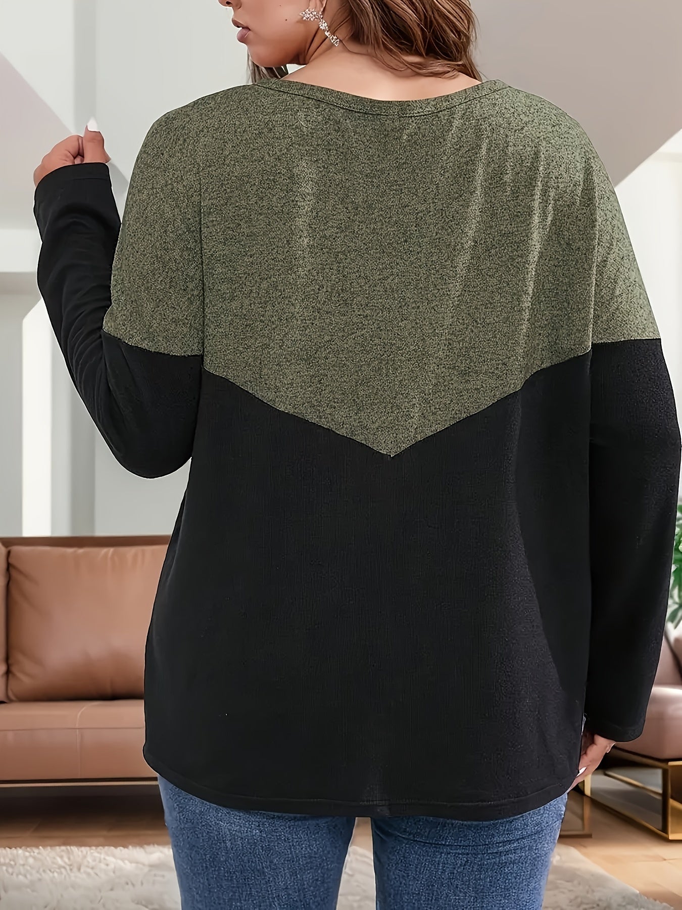 Футболка с длинным рукавом большого размера с цветными блоками, оливково-зеленая, черная, с круглым вырезом, из полиэстера с эластаном, комфортная, тянущаяся ткань