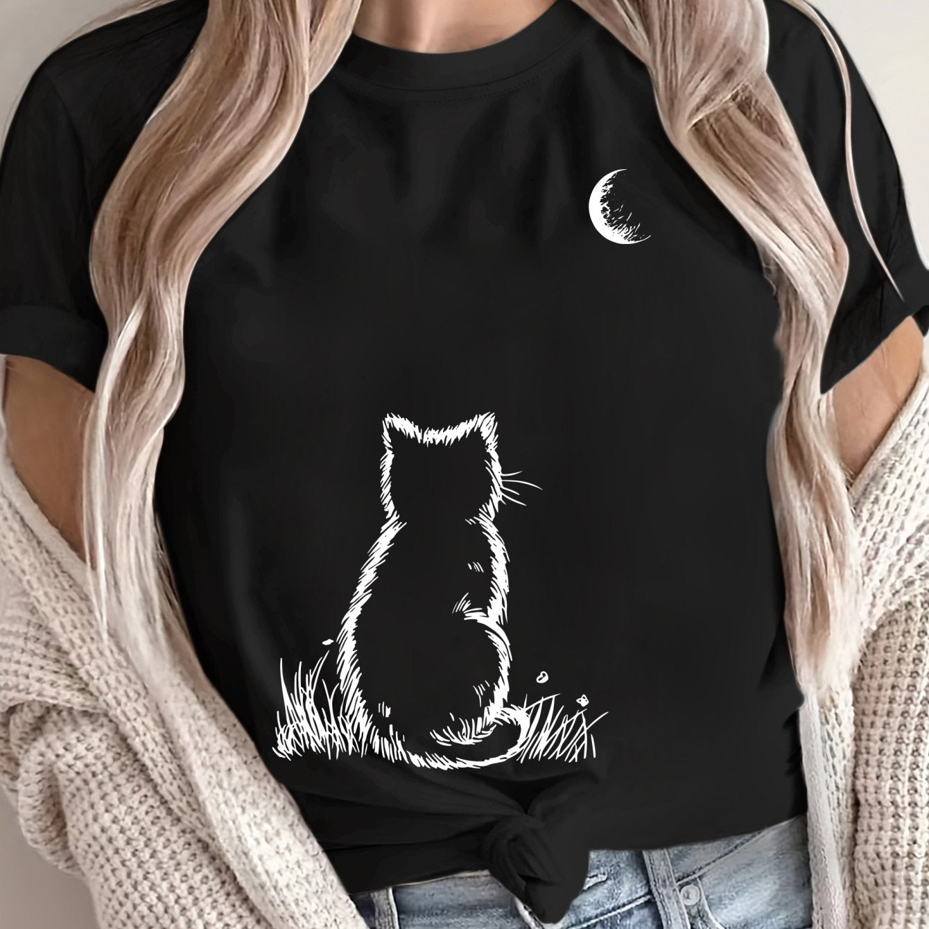 Women's Plus Size Loose Fit T Shirt Pink Geometric Cat Moon Print Casual Top