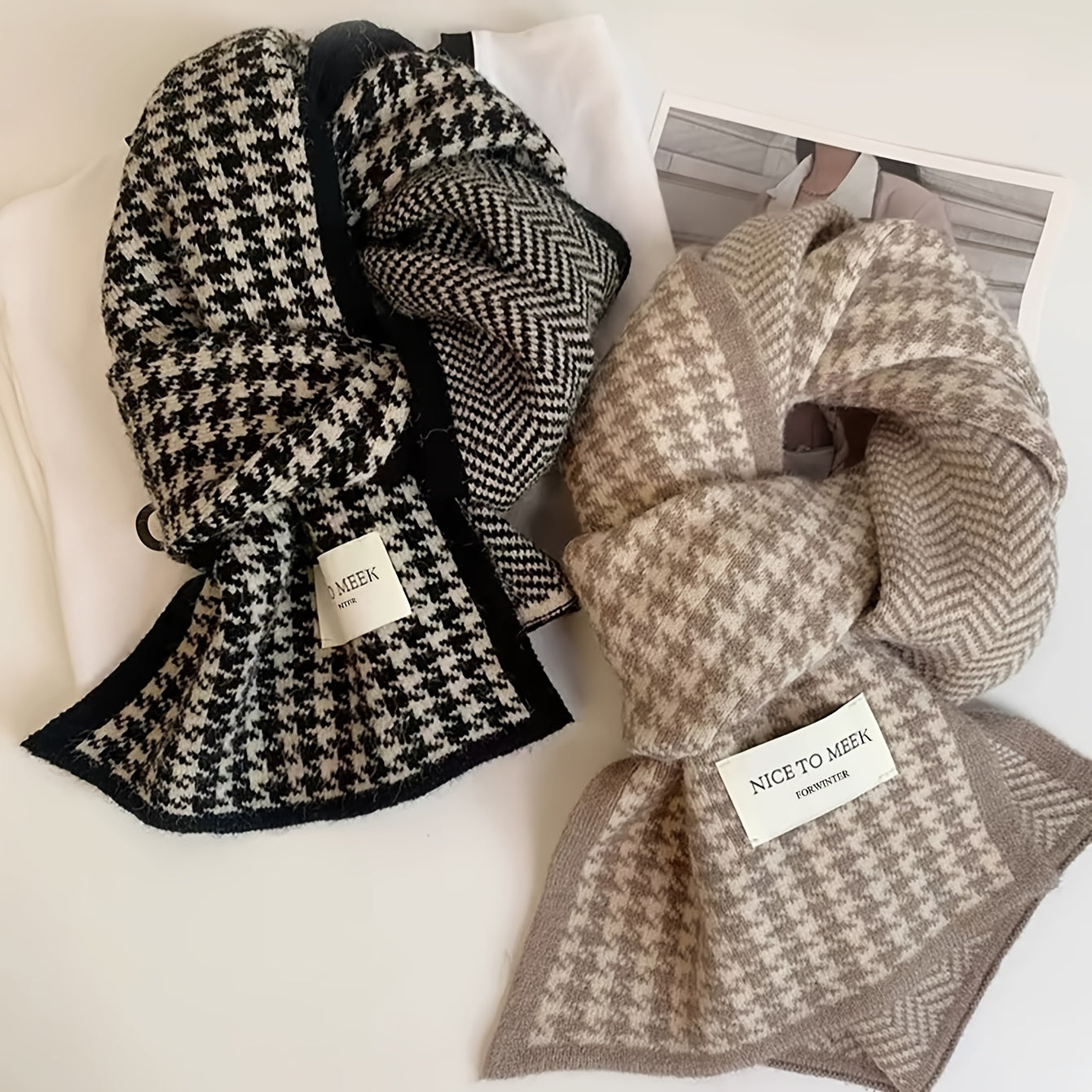 Women's Houndstooth Knit Scarf Warm Windproof Casual Accessory