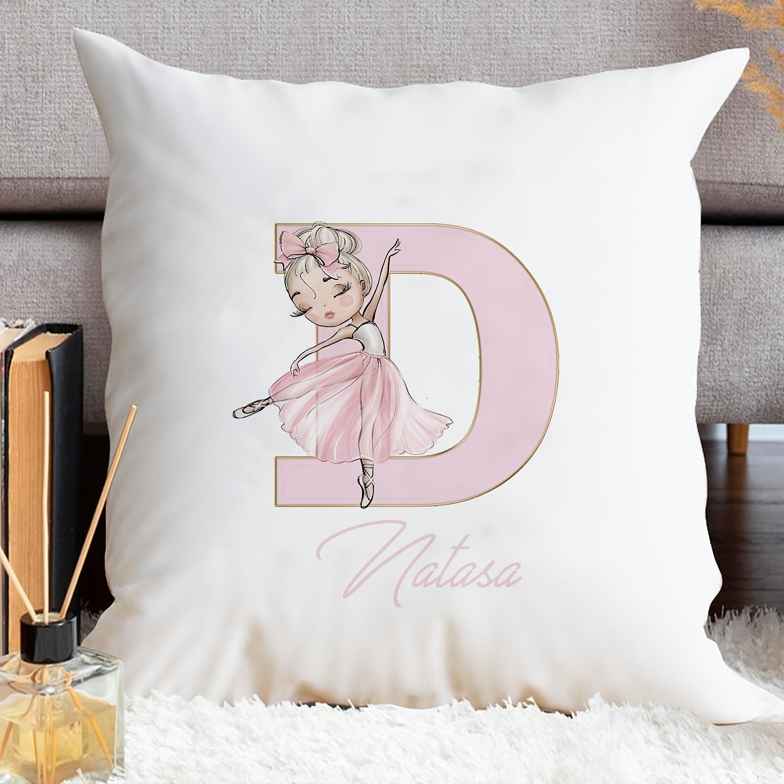 Shaxsiylashtirilgan samoviy yostiq qopqog'i, balet qiz dizayni bilan, pushti harflar, divan uchun dekor, bitta tomonli bosma