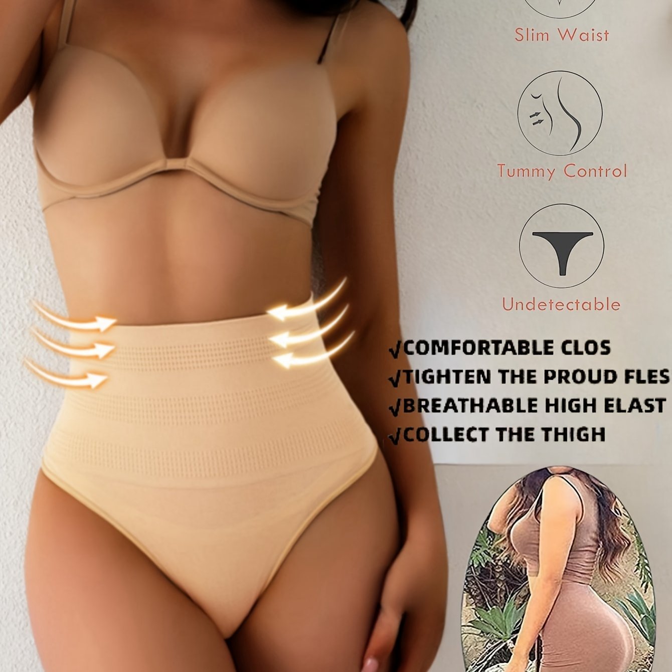 High Waist Shaping Thong for Women Tummy Control Buttocks Lift Solid Color Polyamide Spandex