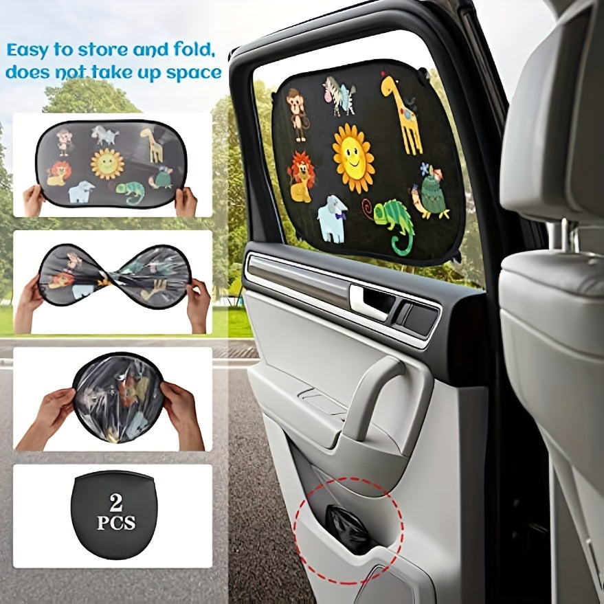 2-Pack Cartoon Animal Car Sun Shades UV Protection Black PVC 50.8x30.48 cm