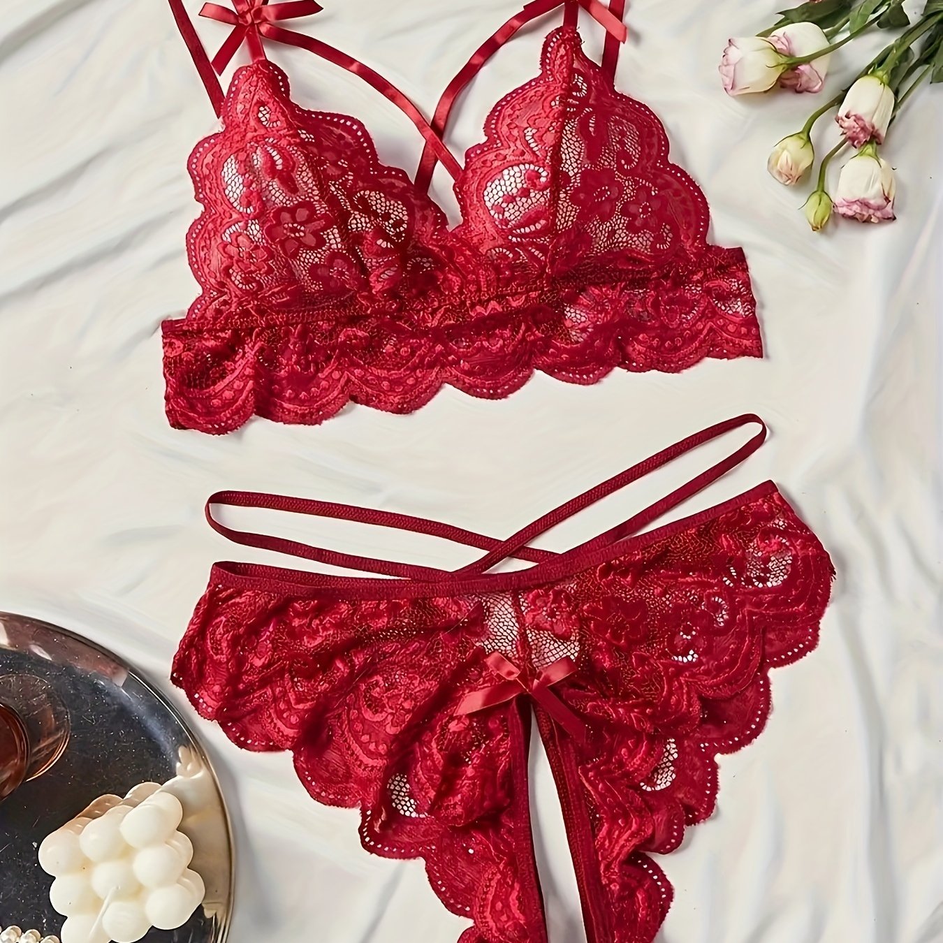 Women's Floral Lace Lingerie Set with Push-Up Bra and Strappy Thong