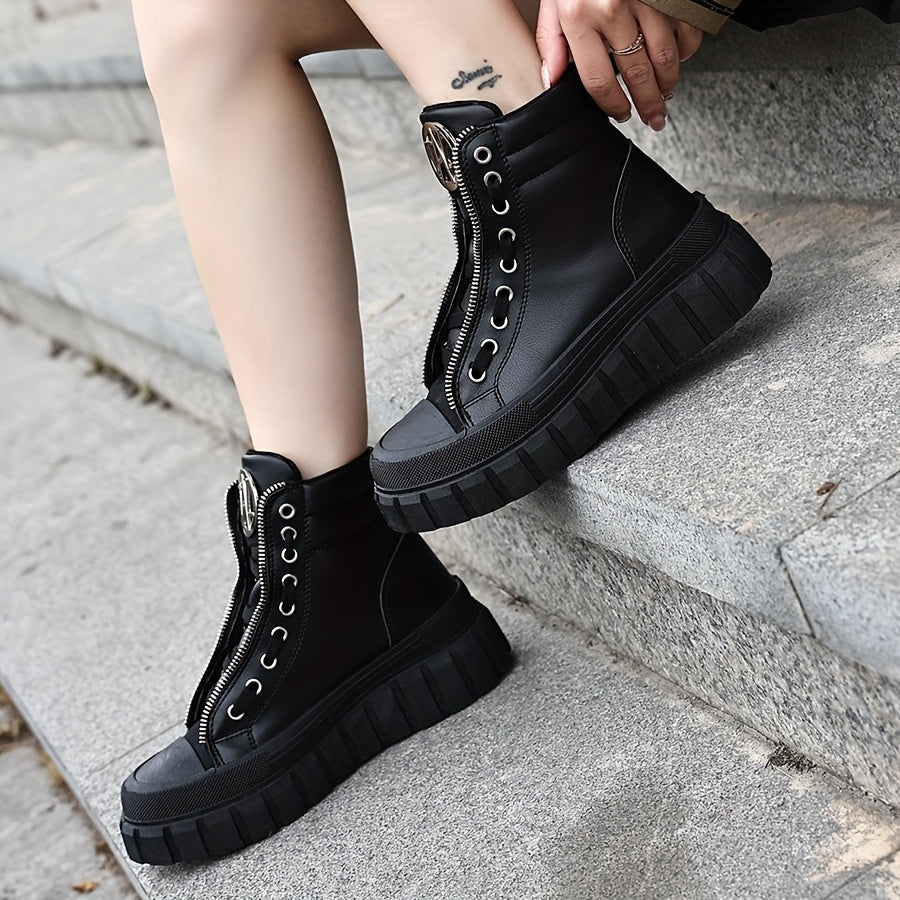 Women's Black High-Top Platform Boots with Zipper and Metallic Accents