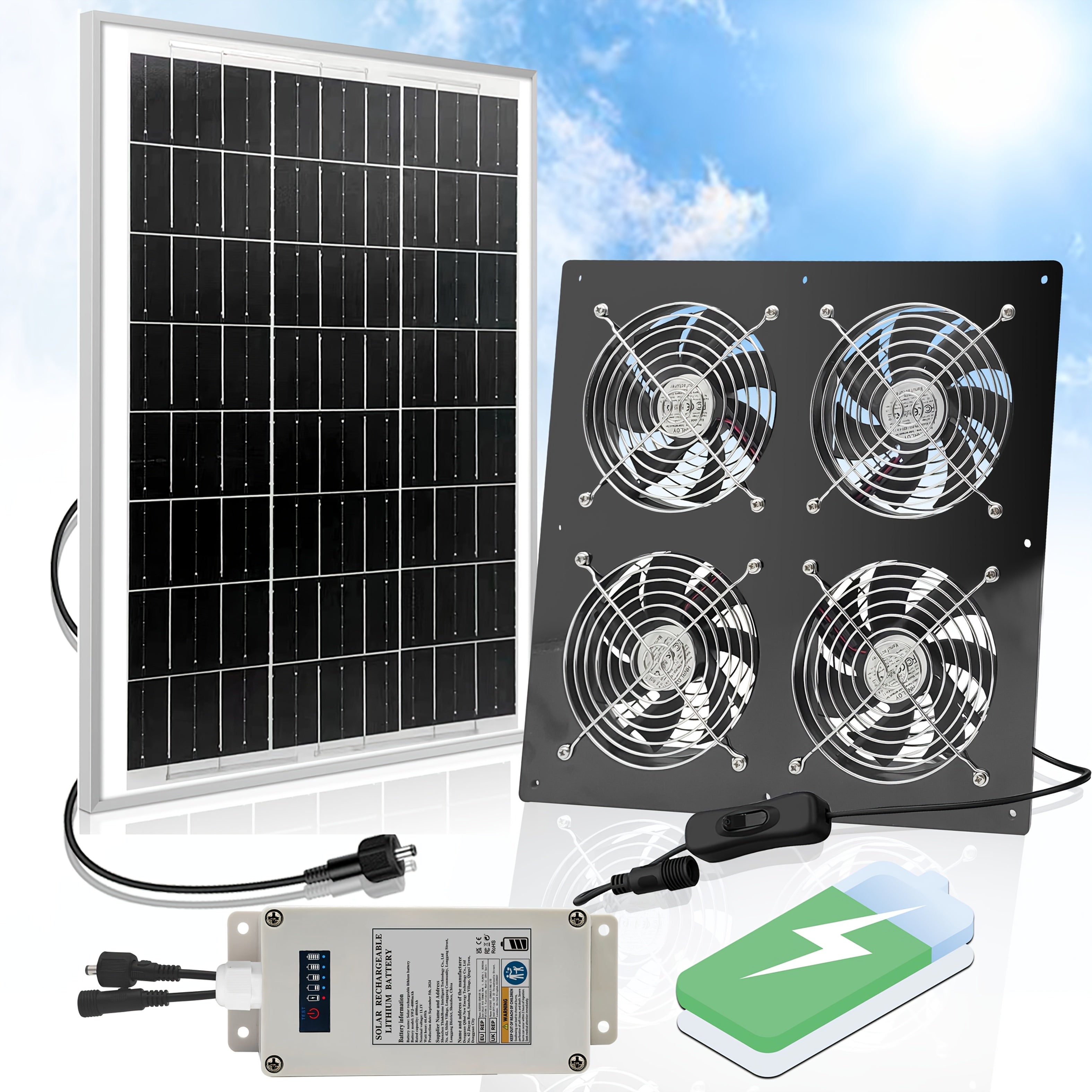 Quyosh energiyasi bilan ishlaydigan 25W ventilyator, litiy batareya bilan, it uylarida, issiqxonalarda va podvalda foydalanish uchun