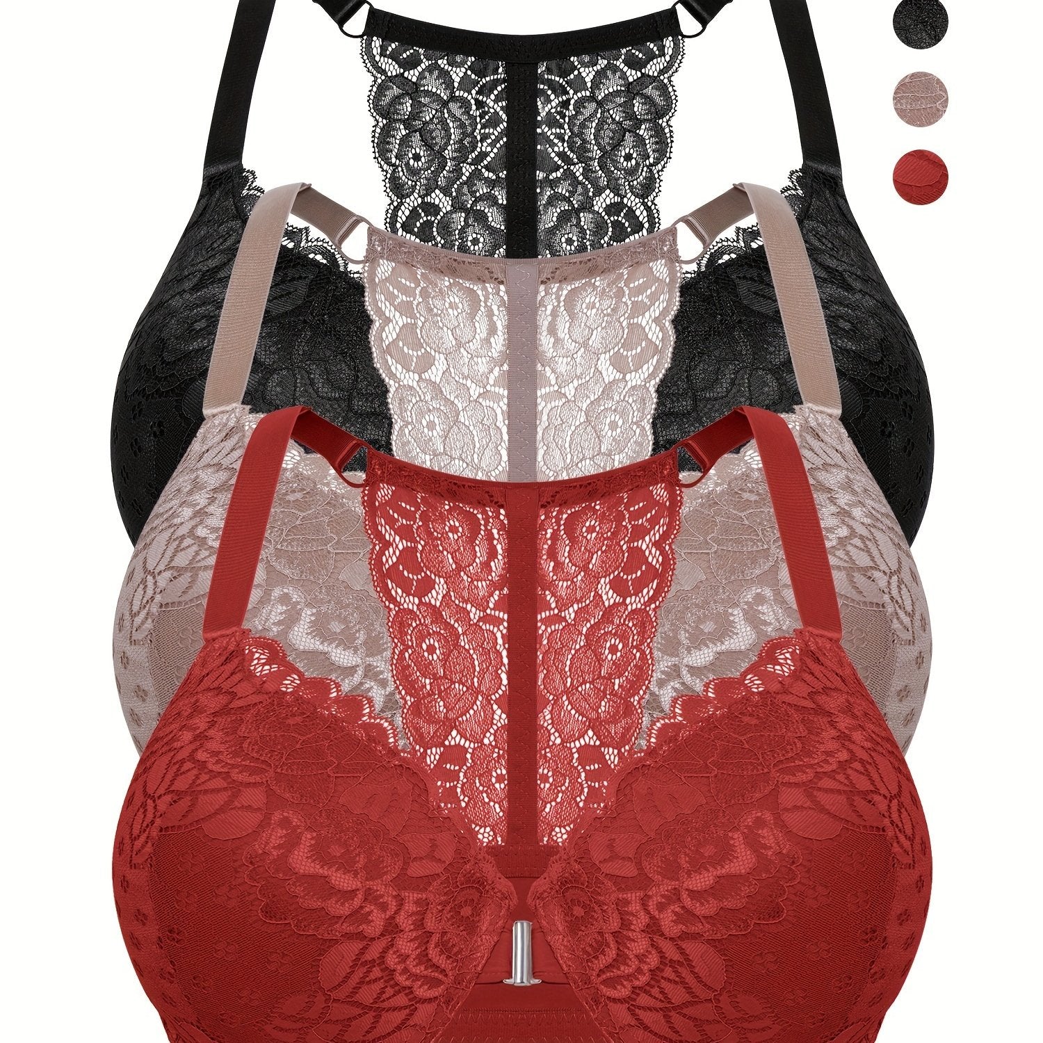 Plus Size Women's Front Closure Underwire Lace Racerback Bras Set of 3 Lightly Lined Floral Knit