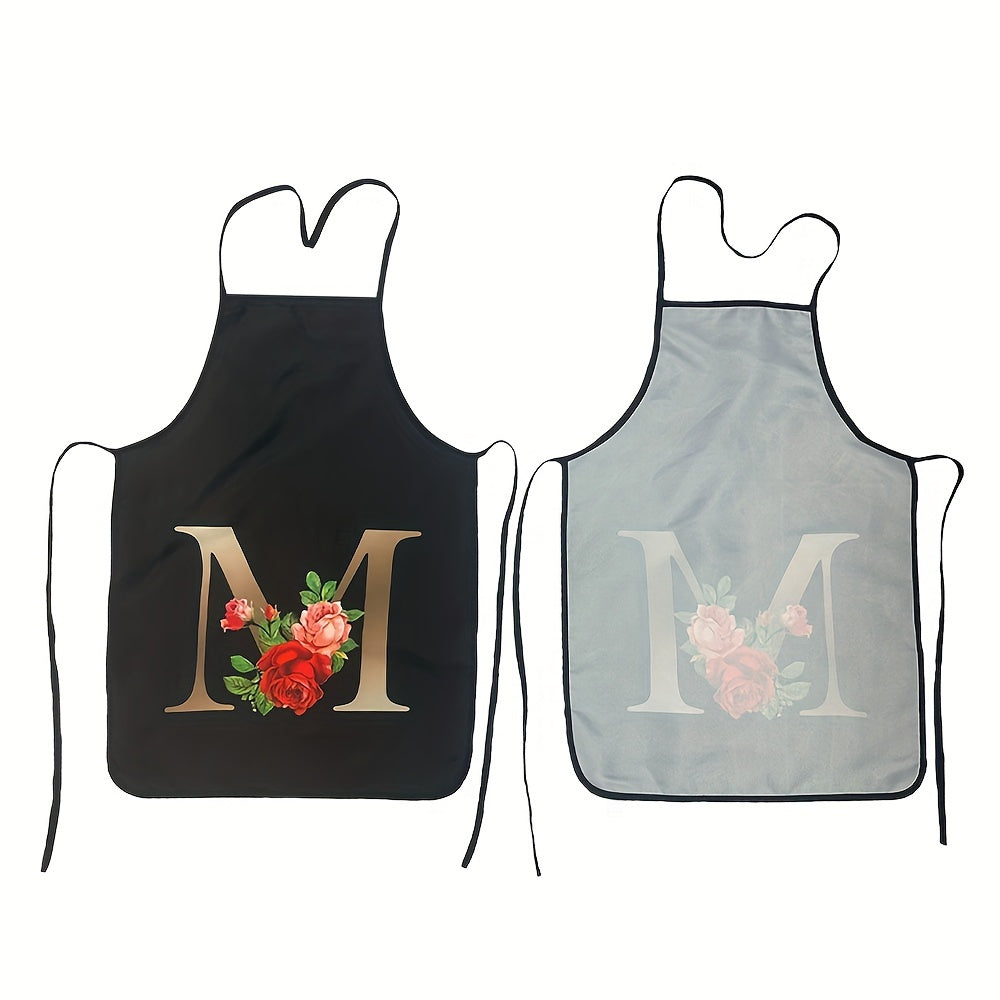 Women's Floral Polyester Kitchen Apron with Letter Print and Monogram