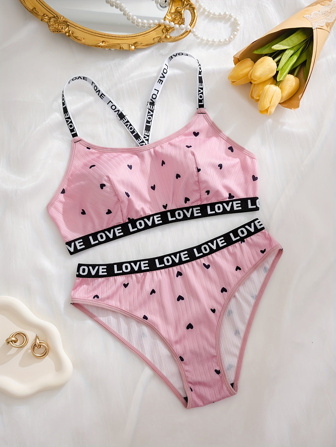 Women's Heart Print Lingerie Set Polyester Knit with Love Strap and Braid Accent