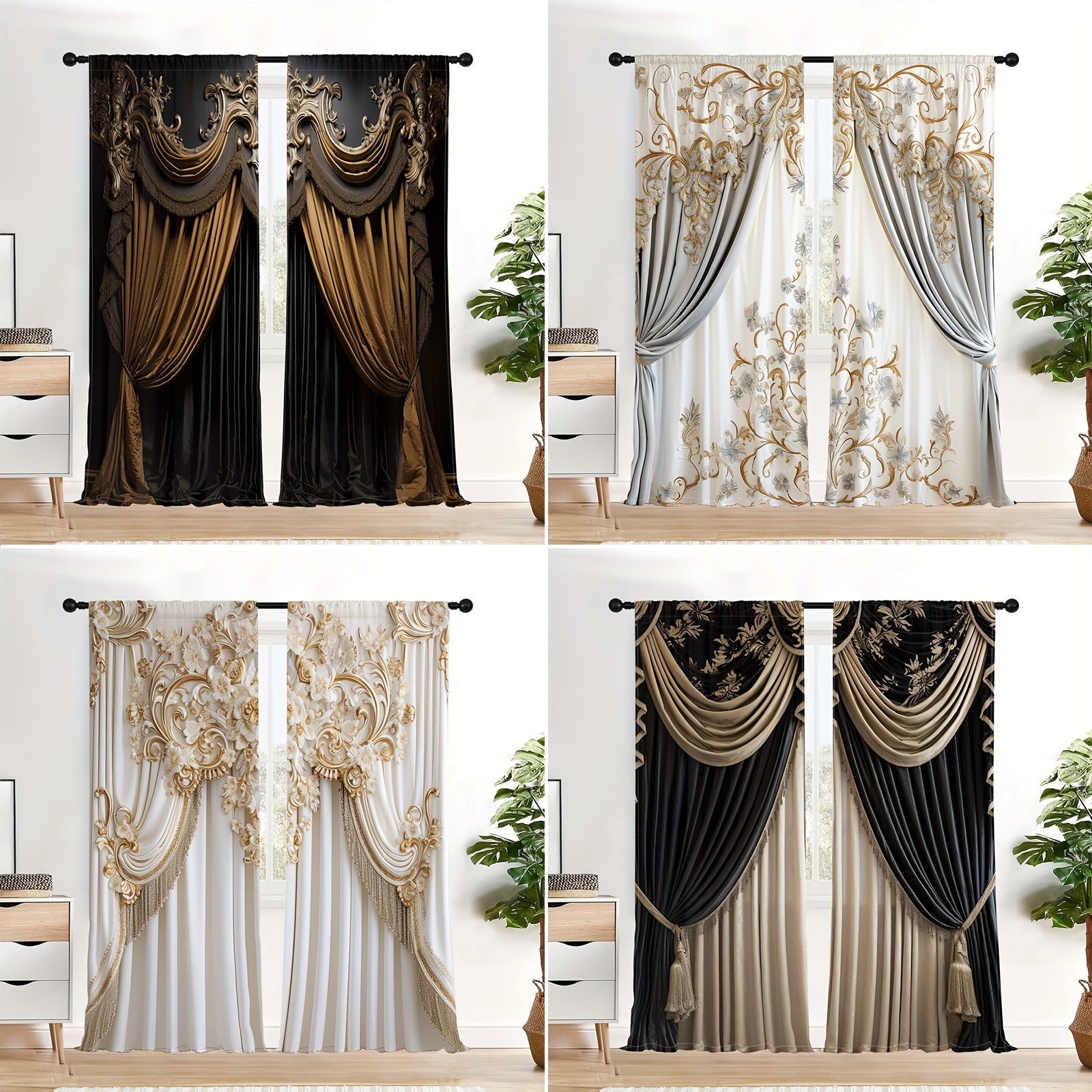 European-Inspired 3D Digital Print Curtains Set 2 Pieces Light Filtering Rod Pocket Home Decor