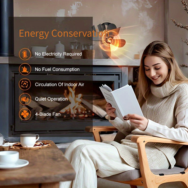 Alloy Steel Heat Powered Wood Stove Fan with 4-Blade Exhaust Portable Air Circulation Quiet