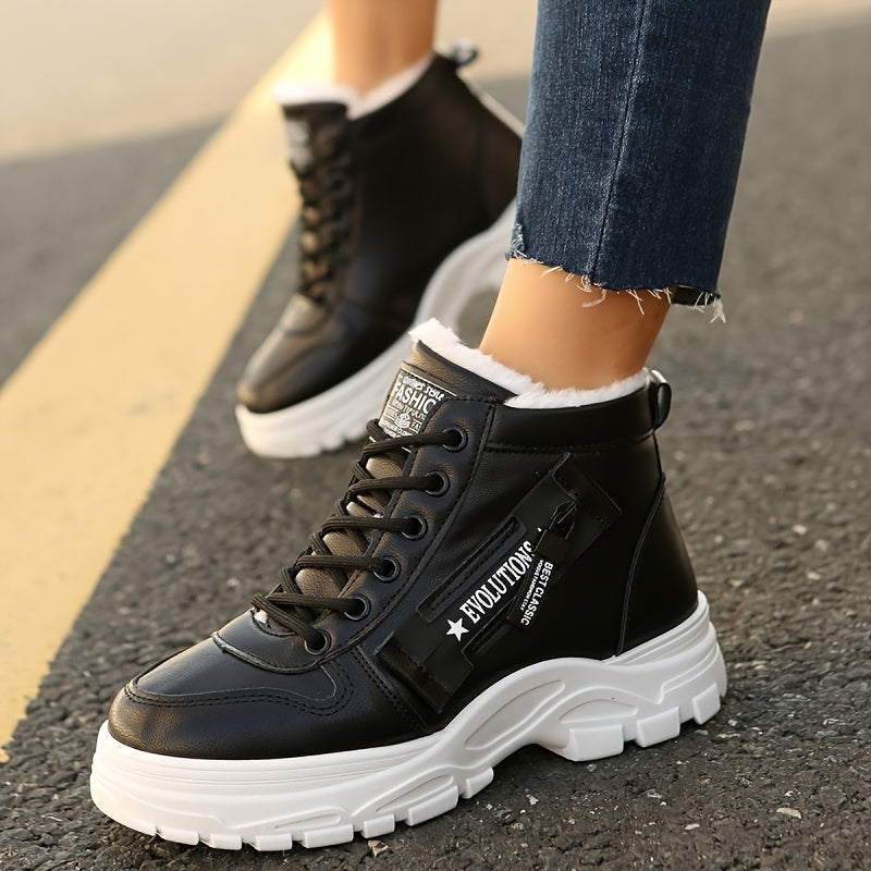 Women's Winter Ankle Boots Lace-Up High-Top Faux Leather Casual Shoes