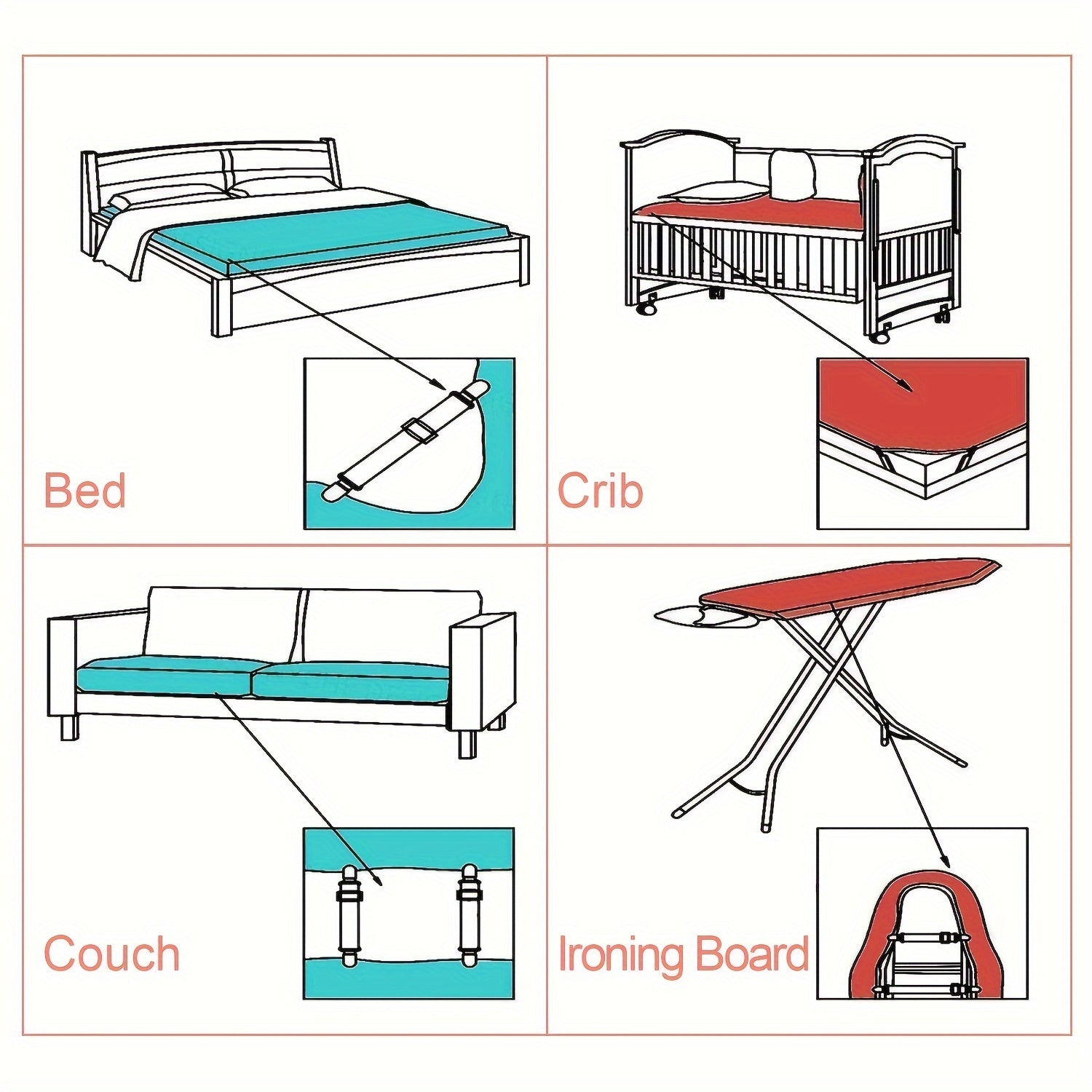 Set of 8 Adjustable Bed Sheet Clips Elastic Fasteners Fitted Sheet Suspenders