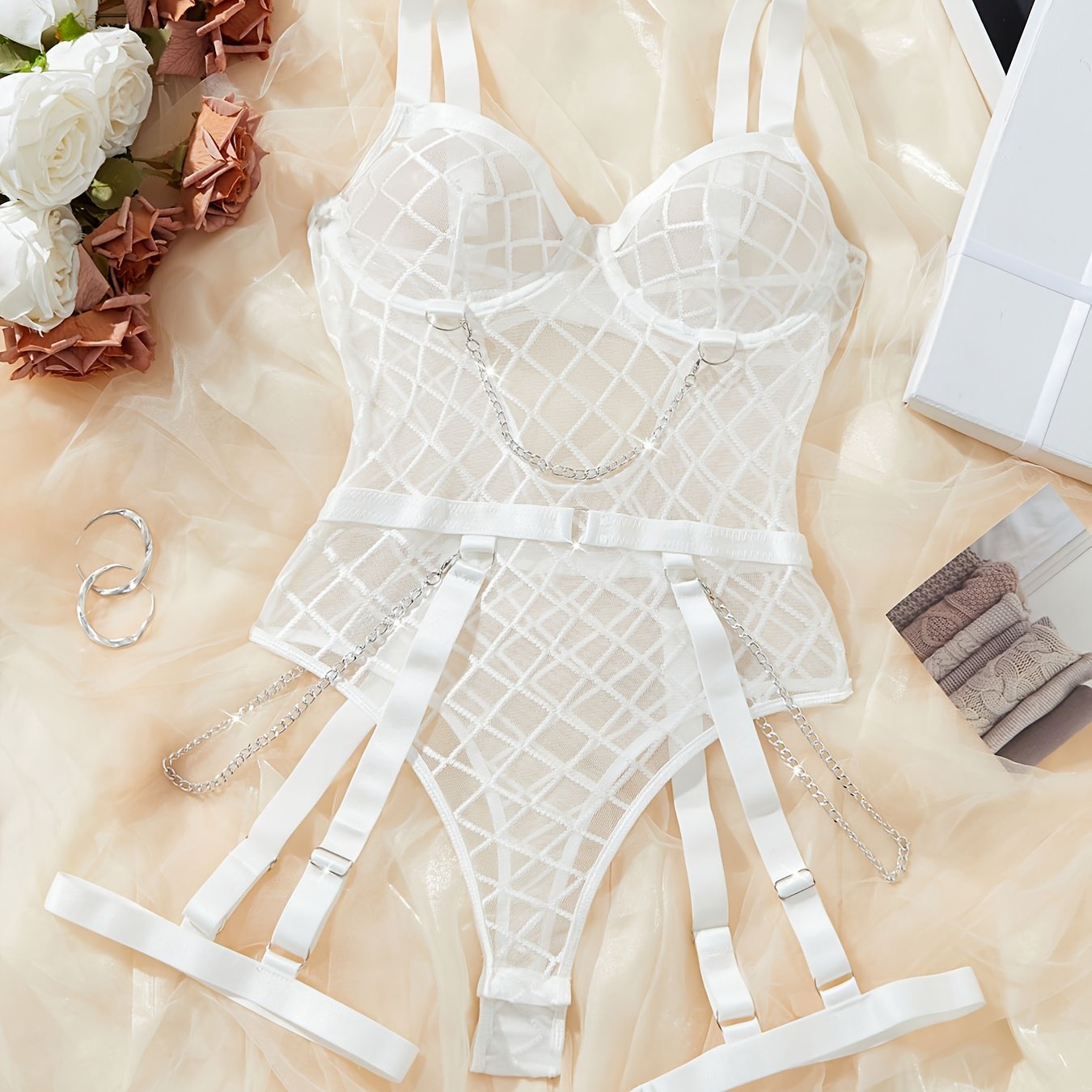 Women's Red Plaid Corset with Chain Details and Lace Trim with Mesh Bodysuit