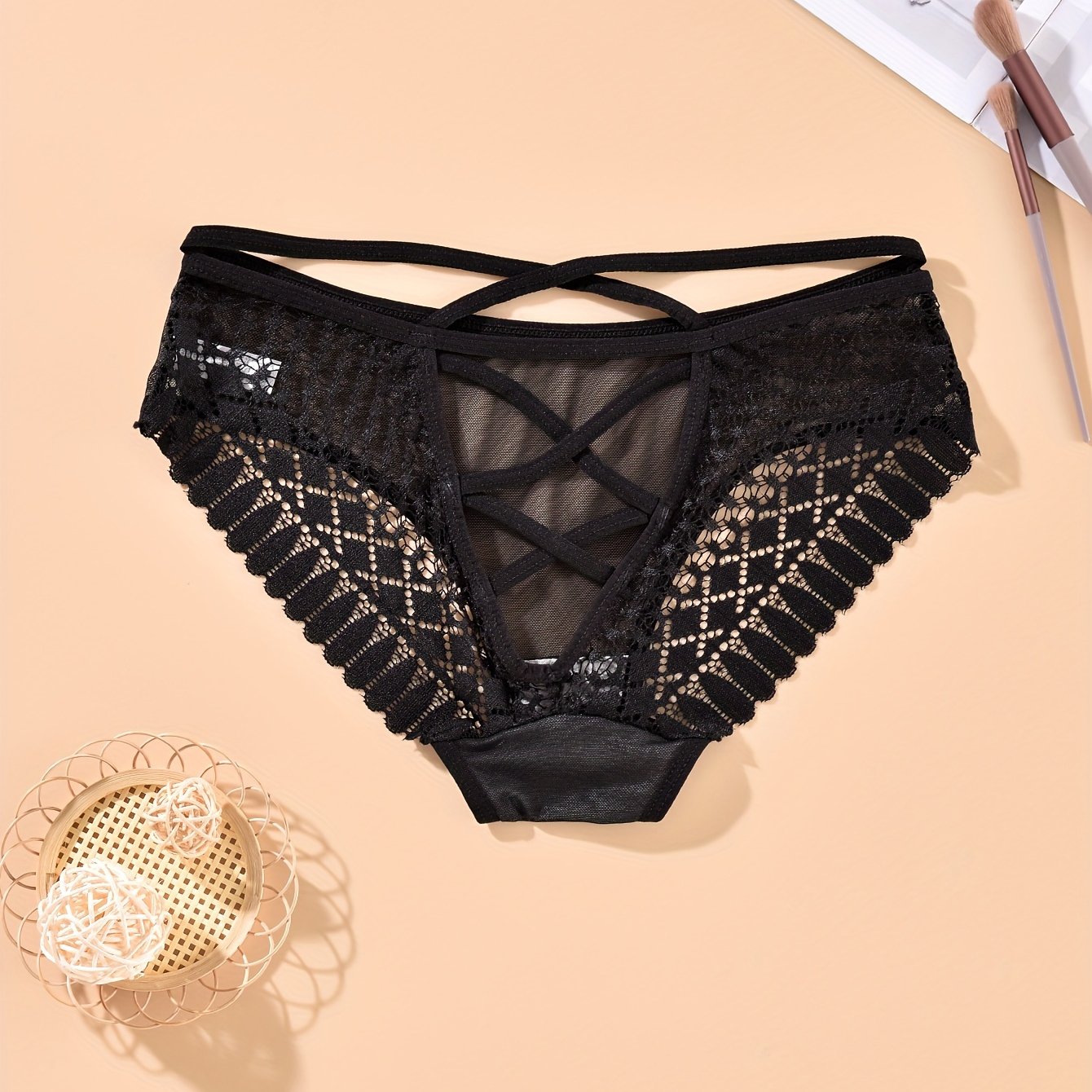 Women's Mesh Hipster Panties with Cross Strap and Hollow Design