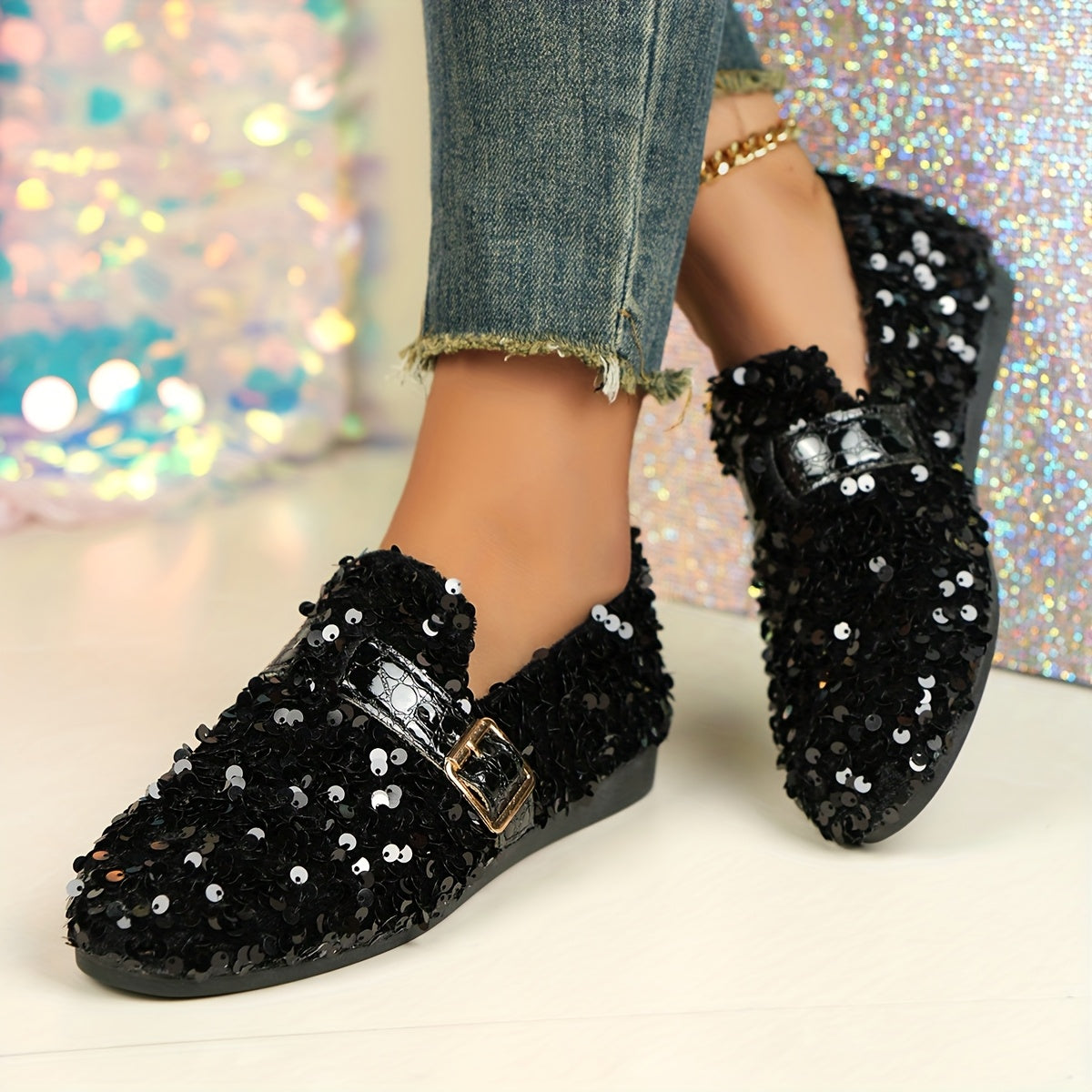 Women's Sequin Embellished Mary Jane Flats Casual Round Toe Slip-On All-Season Comfort