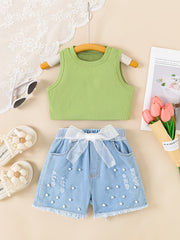 Qizlar uchun tank top va marvarid dizaynli shortlar to'plami, yozgi har kuni kiyish uchun mukammal. Qizlar uchun ajoyib sovg'a g'oyasi.