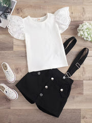 Girls Summer Outfit Ruffle Top and Suspender Shorts Cotton Solid Color Teen