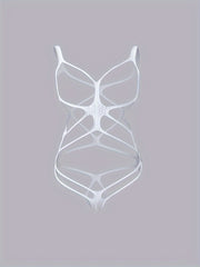Women's Black Lace Bodysuit with Semi-Sheer Hollow Out and Cross Grid Pattern