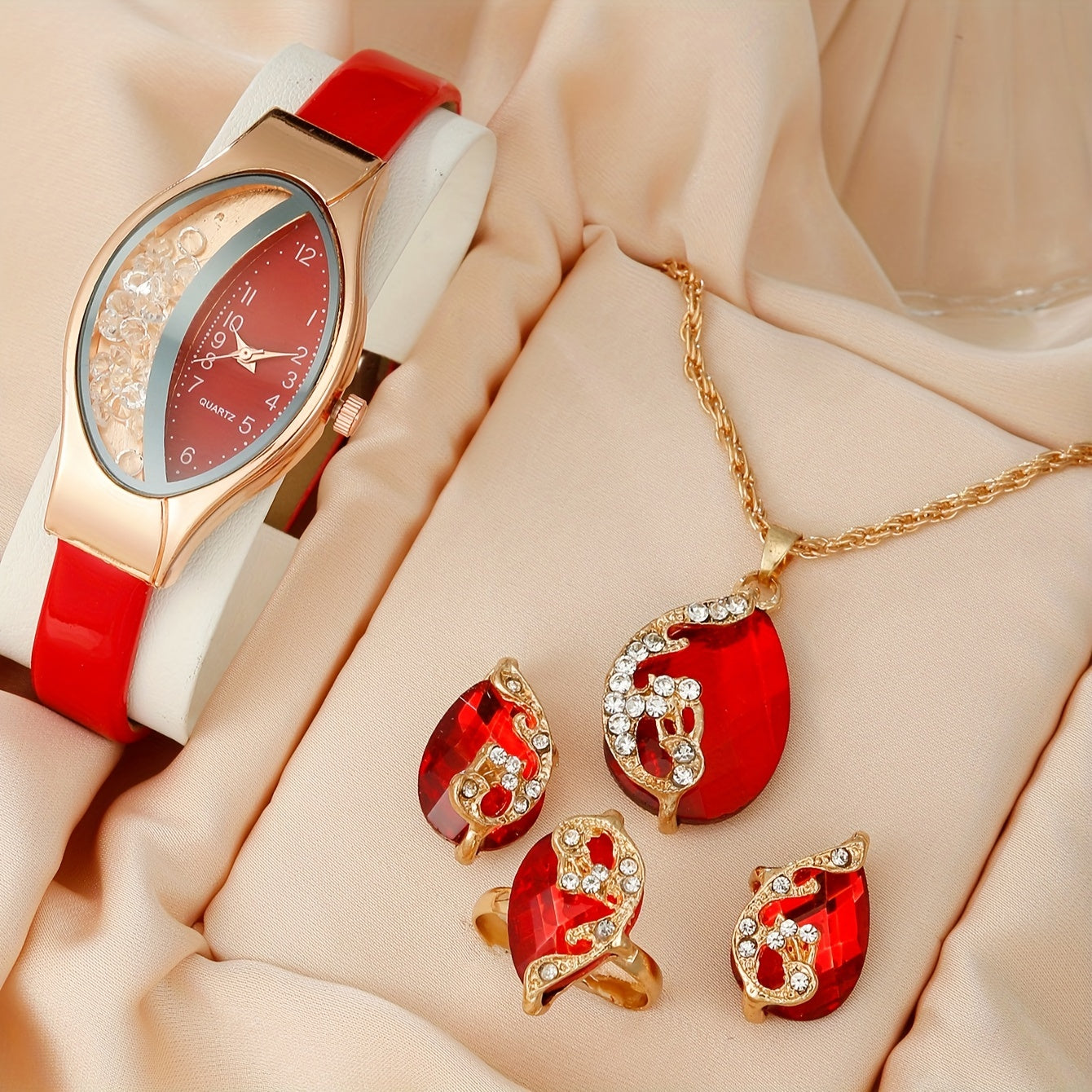 Set of 5 Women's Quicksand Oval Pointer Quartz Watches with Analog Display PU Leather Jewelry Set