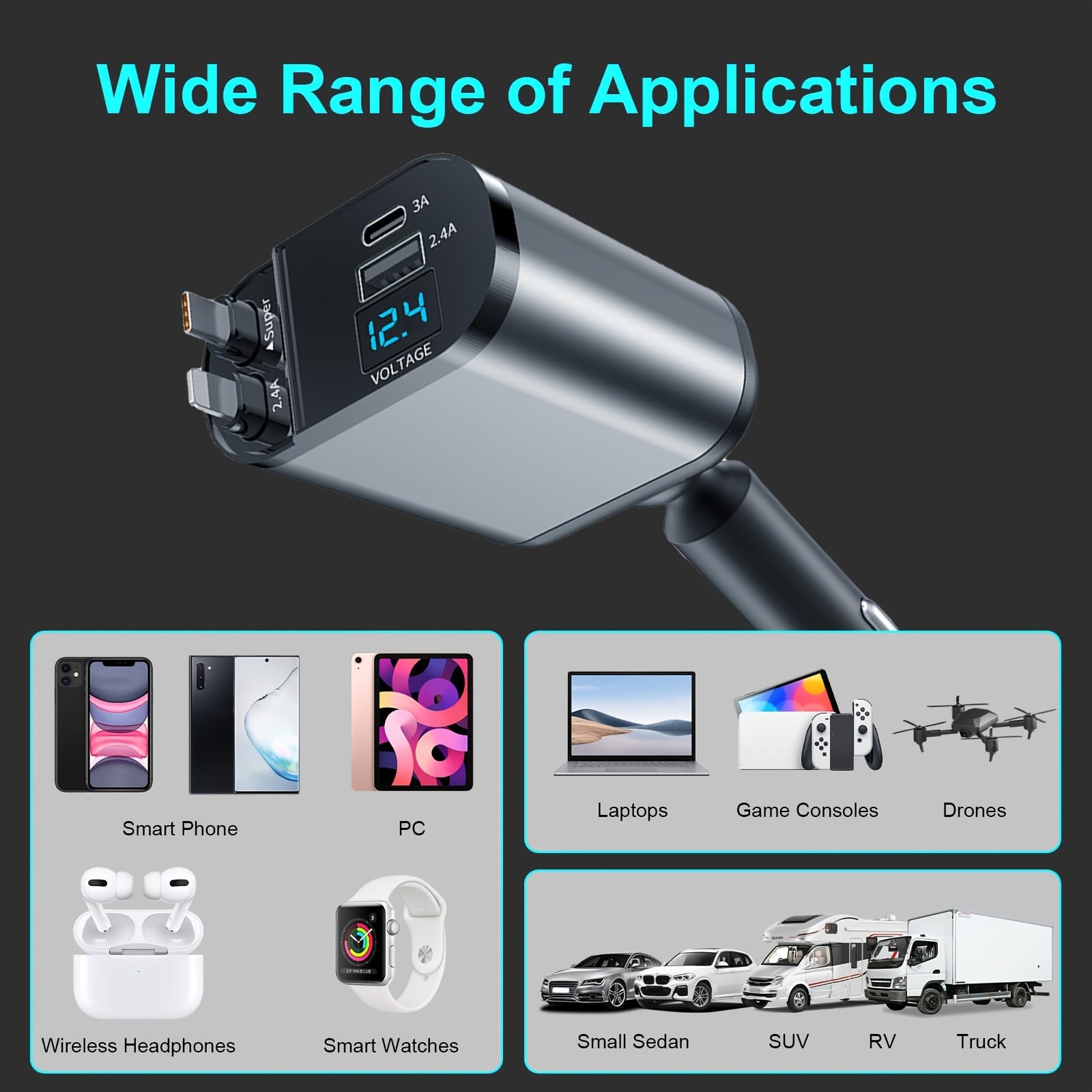 Universal Retractable 66W 4-In-1 Fast Car Charger with USB Ports