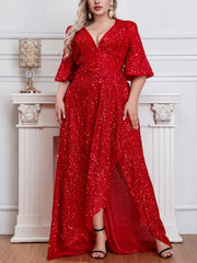 Plus Size Dress Solid Color Beaded Splicing Ruffle Hem