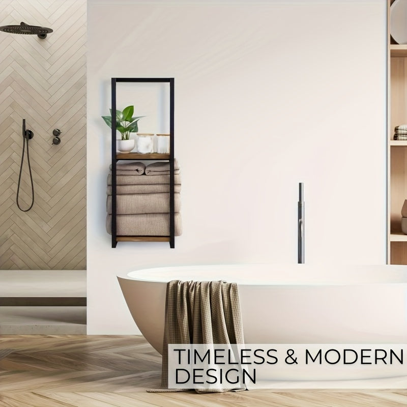 Estante moderno de metal y madera para toallas y artículos esenciales en el baño