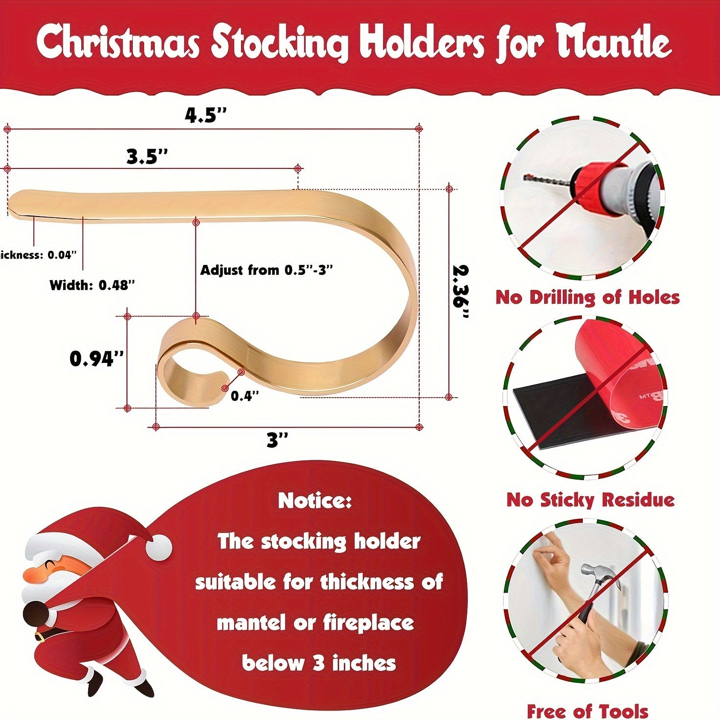 Set of 8 Adjustable Metal Stocking Holders Non-Slip Christmas Sock Hangers