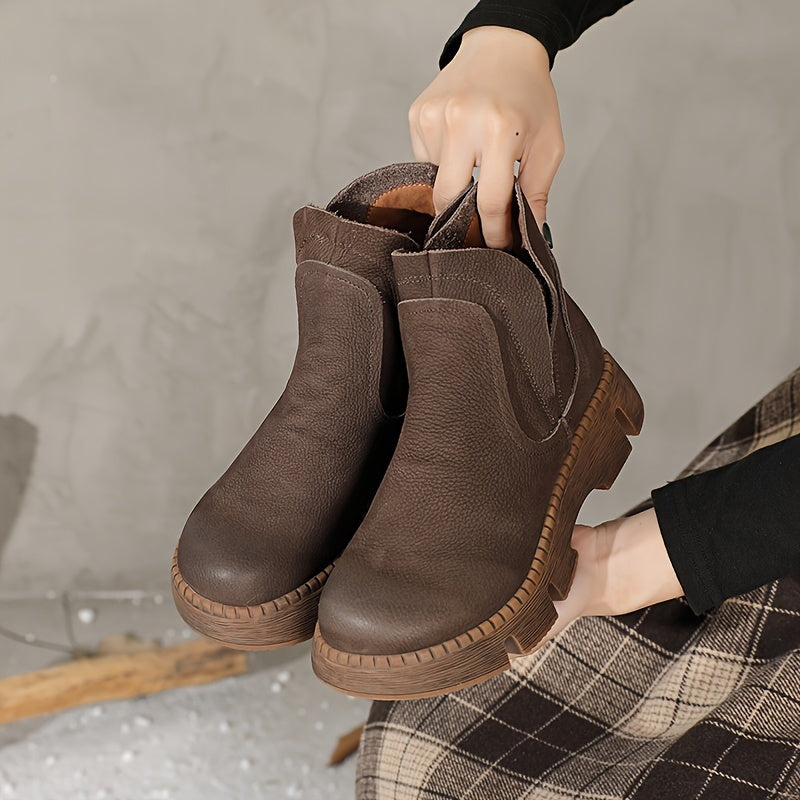 Women's Genuine Leather Short Boots Thick Soles Casual Round Toe