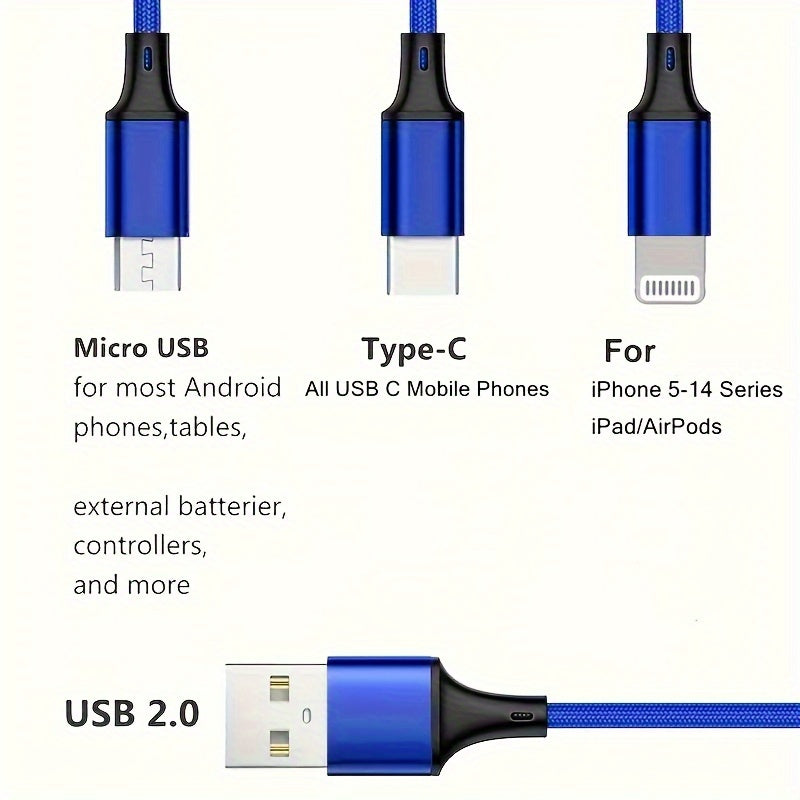 3-in-1 Naylon Zaryadlash Kabeli iPhone Type-C Micro USB Ma'lumotlarni Sinxronlashtirish va Quvvat