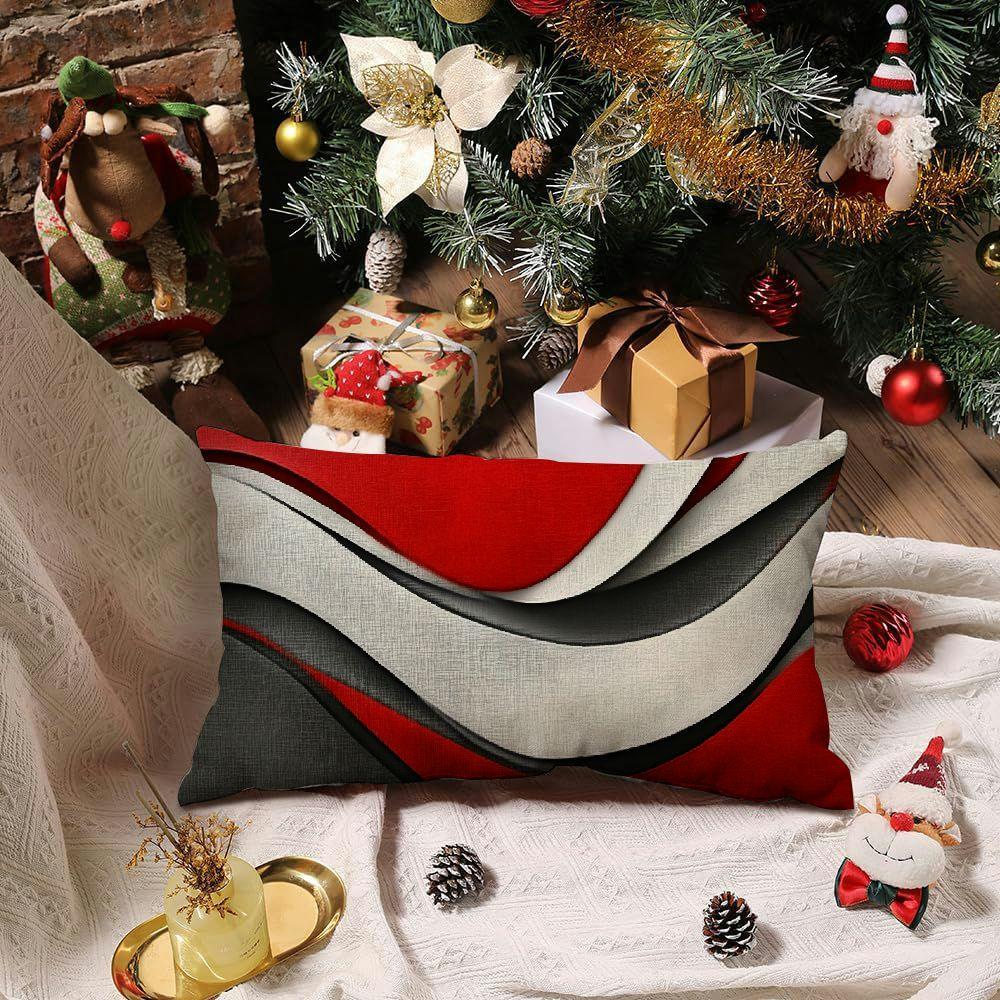 Set of 2 Abstract Rectangular Pillowcases with Geometric Lines, Red White Grey, 30x50 cm