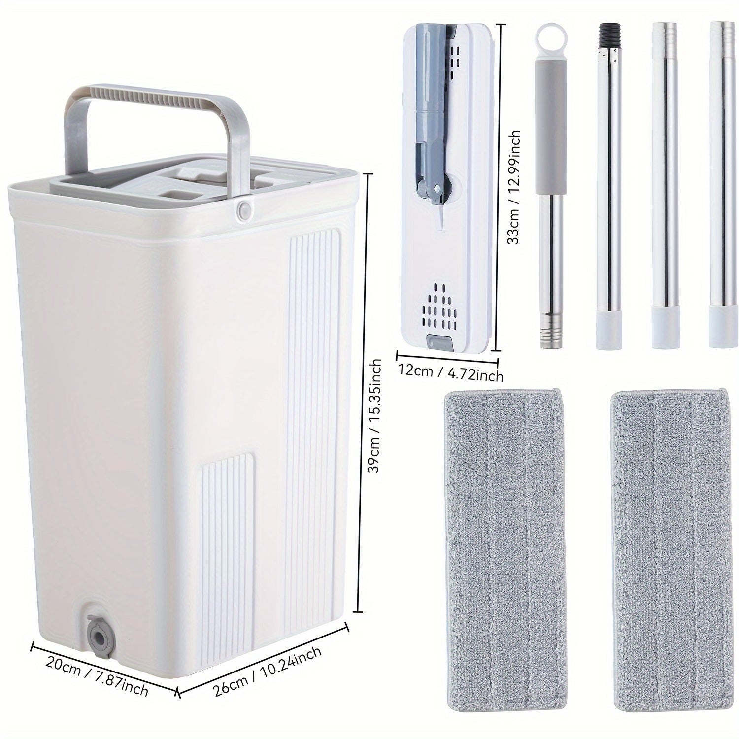 "Tekis mopu va chelak tizimi, squeegee va qo'l bilan ishlatishdan ozod dizayn bilan, oson uy tozalash uchun - Pol va devor tozalash uchun 2 ta qayta ishlatiladigan mikrofiber pad bilan birga."