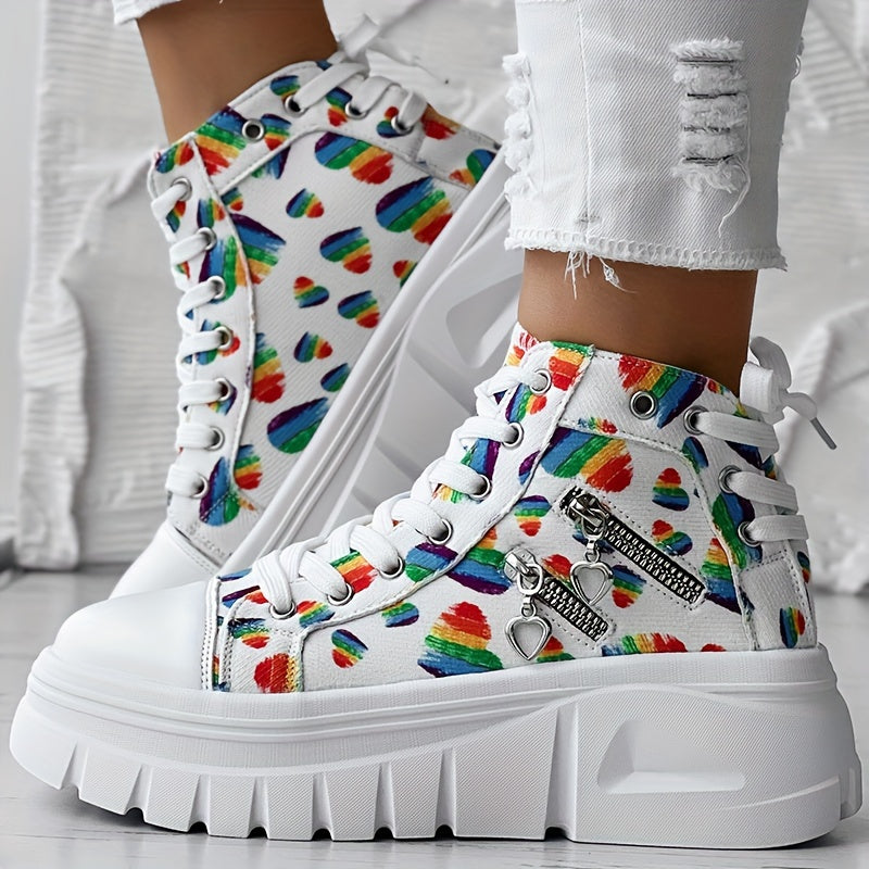 Women's Mid-Top Rainbow Heart Sneakers with Chunky Rubber Sole