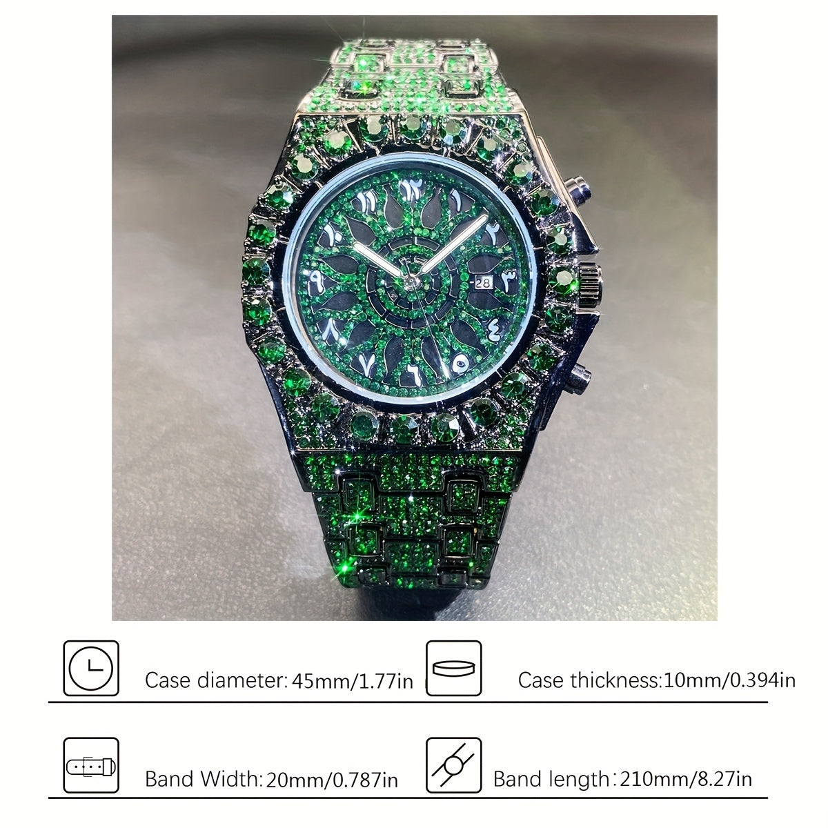 Men's Green Rhinestone Party Watch with Date Quartz Luxury Fashion Clock